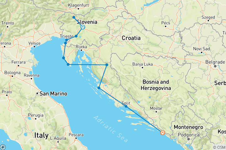 Carte du circuit Slovénie, Italie et Croatie ; circuit privé avec guide et voiture dédiés