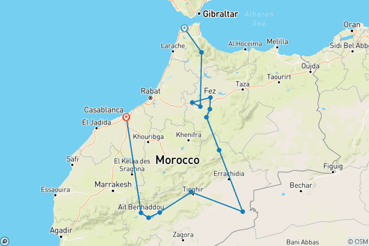 Karte von 6 Tage private Marokko-en von Tanger nach Casablanca, Chefchaouen, Fes, durch die Wüste Sahara