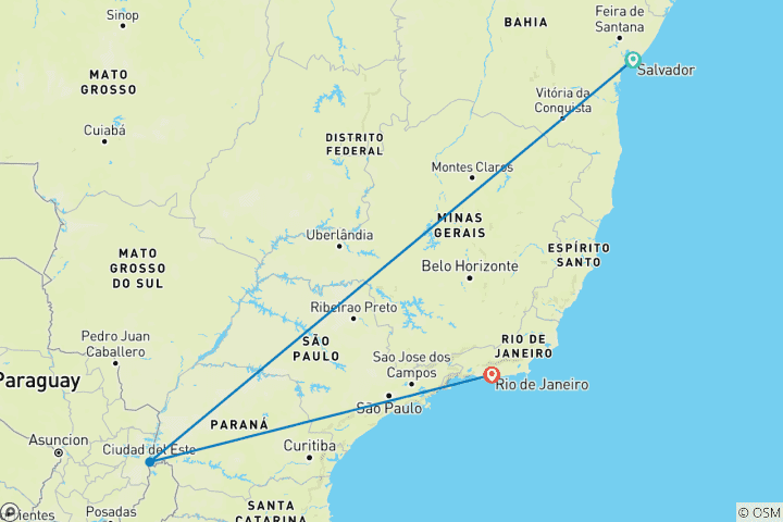 Mapa de Brasil Esencial: Salvador, Iguazú y Río 13 días, Increíble itinerario totalmente guiado