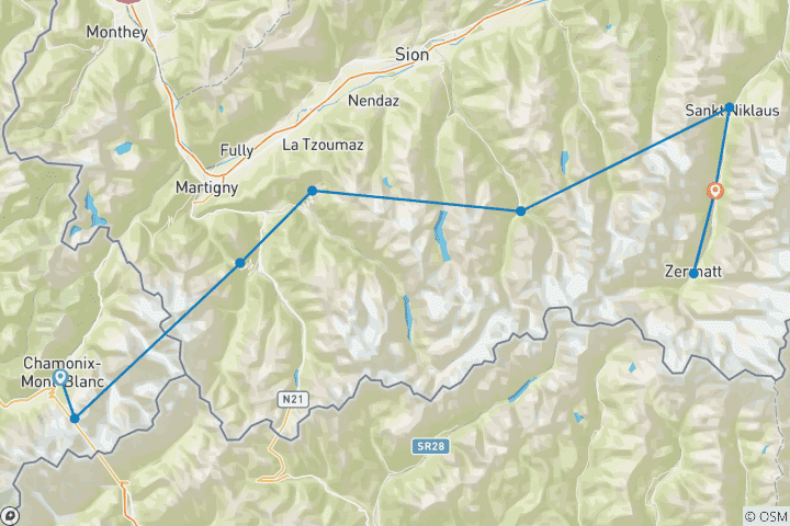 Carte du circuit Du Mont Blanc au Cervin