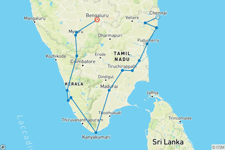 Kaart van Grote Zuid-India rondreis van Chennai naar Bangalore