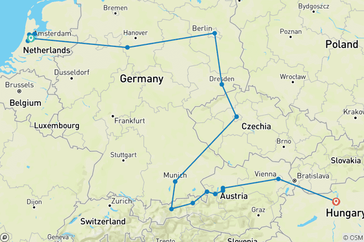 Mapa de De Amsterdam a Budapest