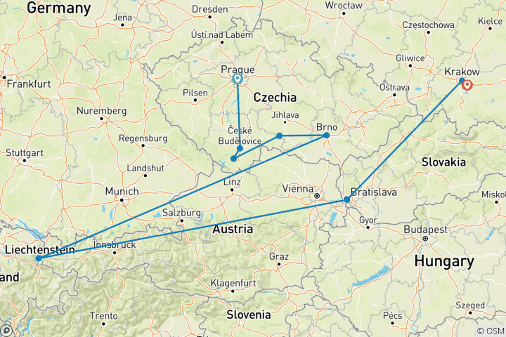 Carte du circuit Les charmes de la Bohême et de la Moravie se terminent à Cracovie