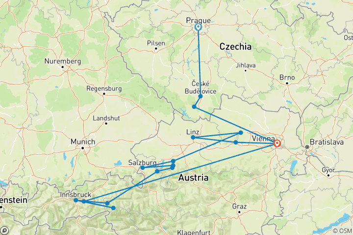Mapa de Lo más destacado de Chequia y Austria, con final en Viena