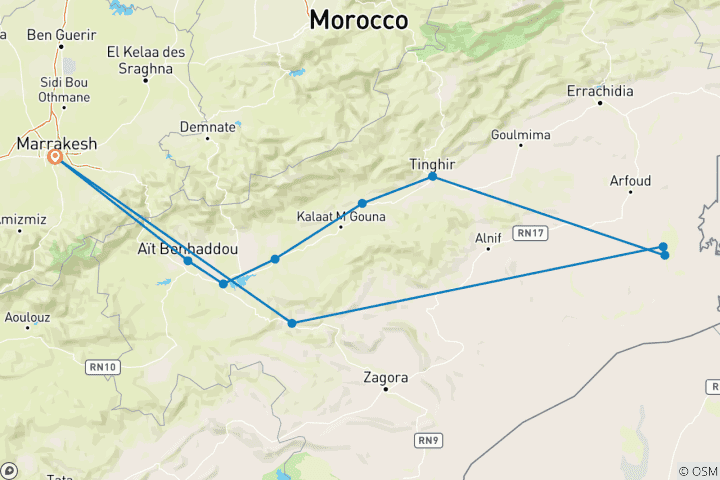 Kaart van Luxe Sahara-woestijnkamp / 4-daagse privéreis door Marokko vanuit Marrakech