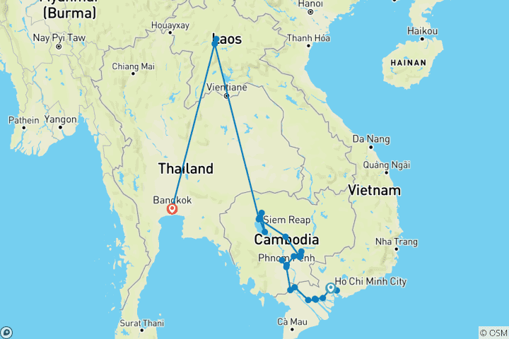 Map of Journey along the Mekong 2026-2027 - 16 Days
