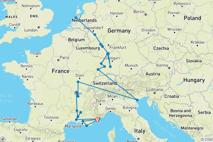 Carte du circuit Rhin et Rhône dévoilés avec 2 nuits sur la Côte d'Azur pour les amateurs de vin (vers le sud) 2027