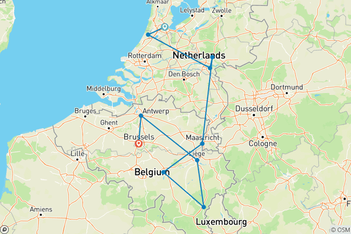 Kaart van Hoogtepunten van Nederland & België met 1 nacht in Amsterdam