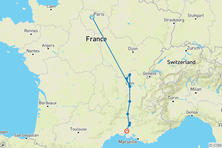 Karte von Burg & Provence mit 2 Nächten in Paris für Weinliebhaber Südrichtung