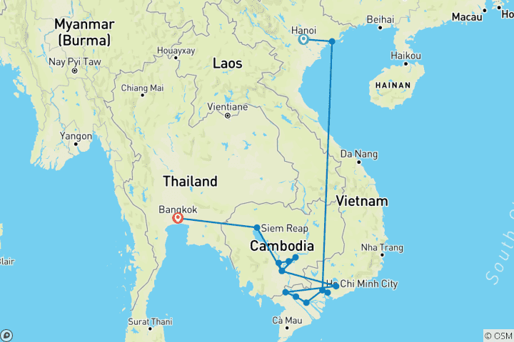 Carte du circuit Fascinant Vietnam, Cambodge et Mékong avec Hanoi, Ha Long Bay et Bangkok (vers le nord) 2027