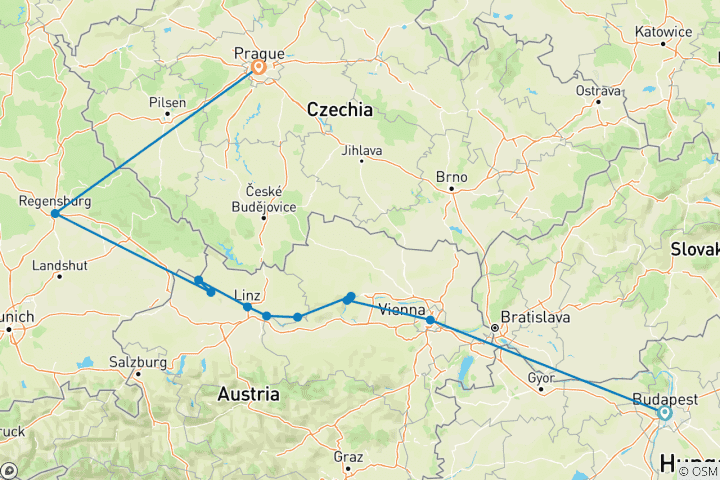 Kaart van Actief en ontdekkend op de Donau met 2 nachten in Praag (westwaarts) 2027