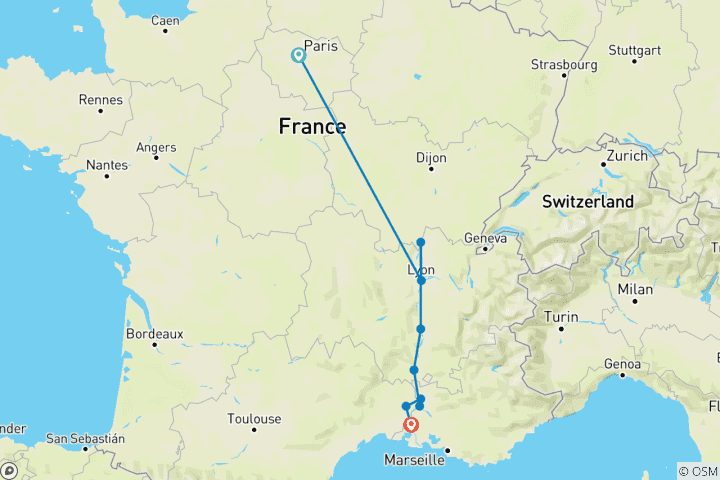 Mapa de Borgoña y Provenza con 2 noches en París (en dirección sur) 2027