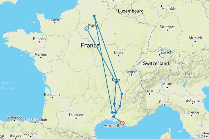 Kaart van Bourgogne & Provence met 2 nachten in Parijs (Southbound) 2027