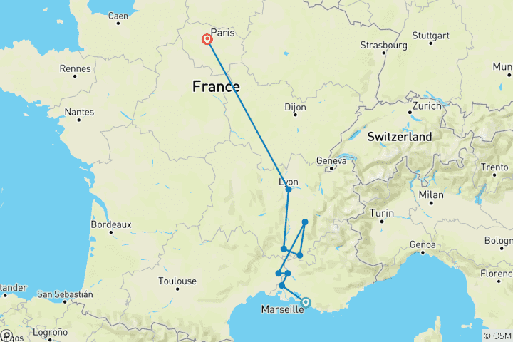 Mapa de Una experiencia culinaria en Borgoña y Provenza con 2 noches en París (en dirección norte) 2027