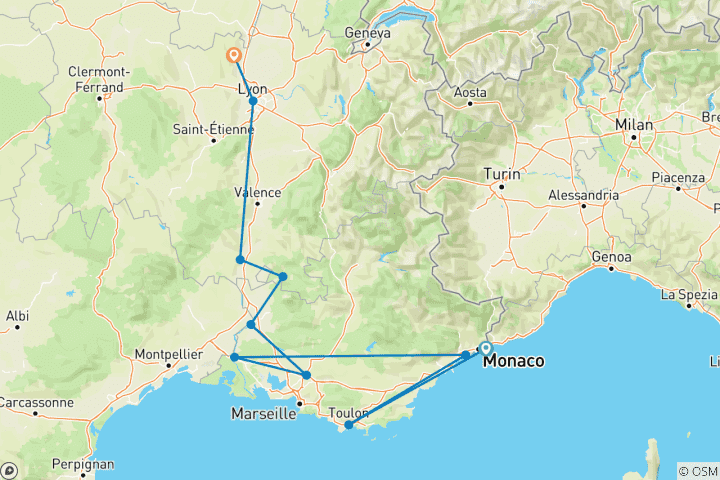 Mapa de Borgoña y Provenza con 2 noches en la Costa Azul para los amantes del vino (en dirección norte) 2027