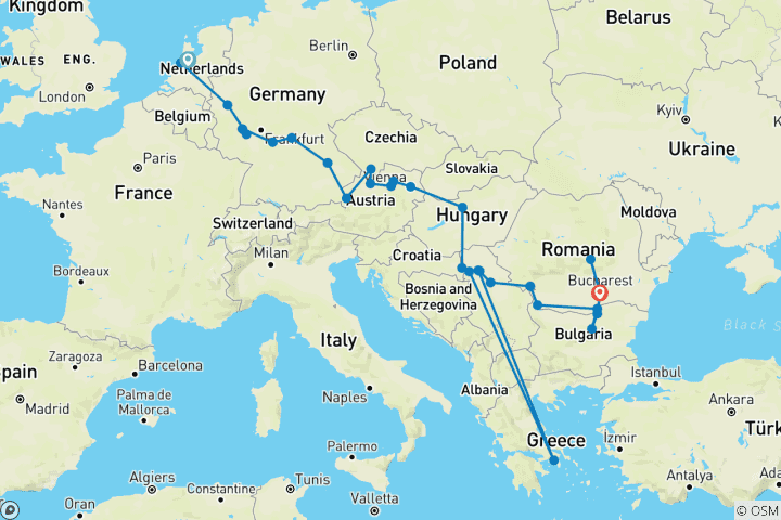 Mapa de Ríos emblemáticos de Europa: Rin, Meno y Danubio con 1 noche en Bucarest y 2 noches en Transilvania 2027