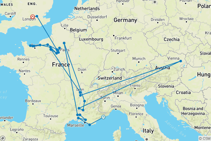 Mapa de Gran Francia con 2 noches en la Costa Azul y 3 noches en Londres para los amantes del Jazz (en dirección norte) 2027
