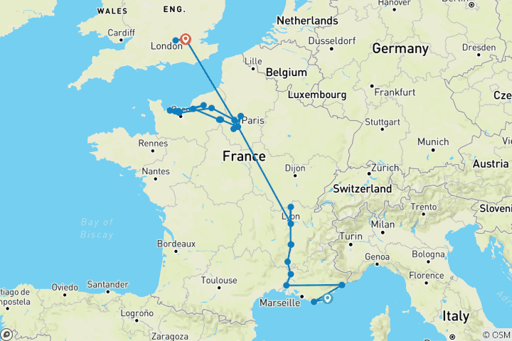 Map of Grand France with 2 Nights in French Riviera & 3 Nights in London for Wine Lovers (Northbound) 2027