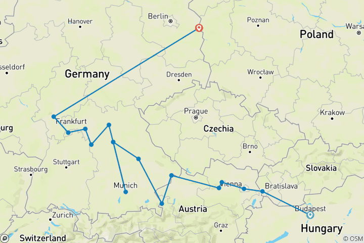 Map of Christmastime from Budapest to Frankfurt with 2 Nights in Budapest 2027