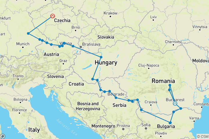 Kaart van De Donau van Roemenië naar Duitsland met 1 nacht in Boekarest, 2 nachten in Transsylvanië & 2 nachten in Praag 2027