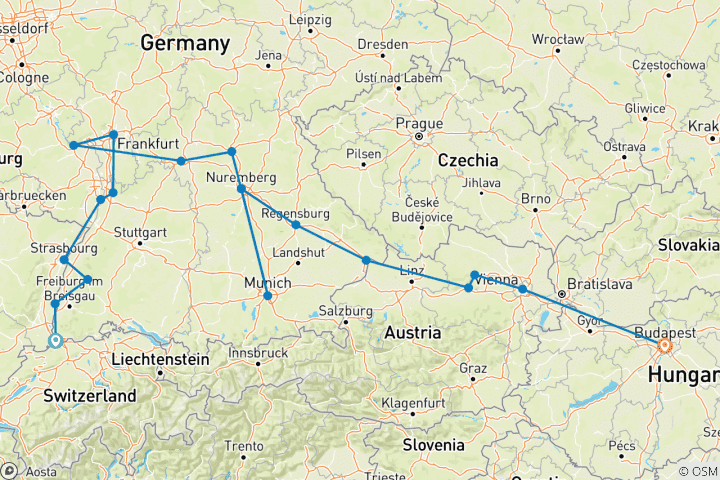 Karte von Weihnachtszeit von Basel nach Budapest
