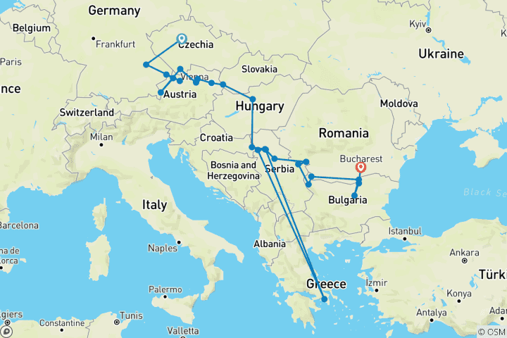 Kaart van De Donau van Duitsland naar Roemenië met 2 nachten in Praag en 1 nacht in Boekarest 2027