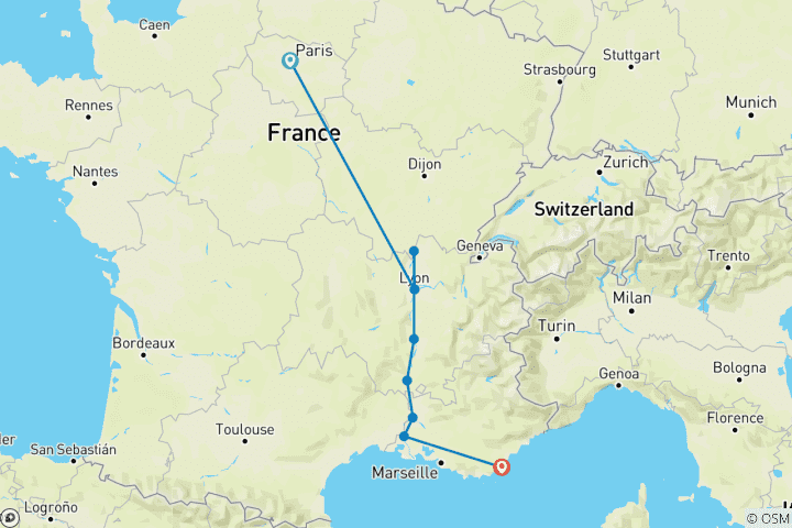 Mapa de Borgoña y Provenza con 2 noches en París y 2 noches en la Costa Azul (en dirección sur) 2027
