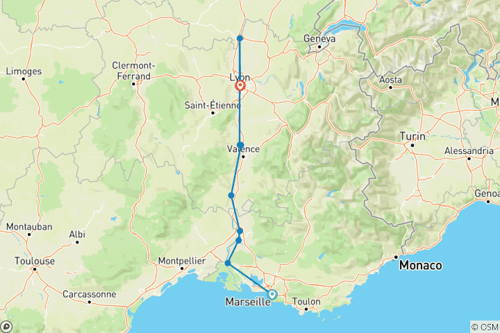 Mapa de Una experiencia culinaria en Borgoña y Provenza (en dirección norte) 2027