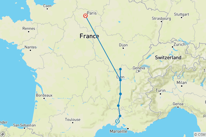 Mapa de Borgoña y Provenza con 2 noches en París para los amantes del vino (en dirección norte) 2027