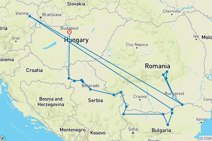 Mapa de El Danubio de Rumanía a Budapest con 1 noche en Bucarest, 2 noches en Transilvania y 1 noche en Budapest 2027