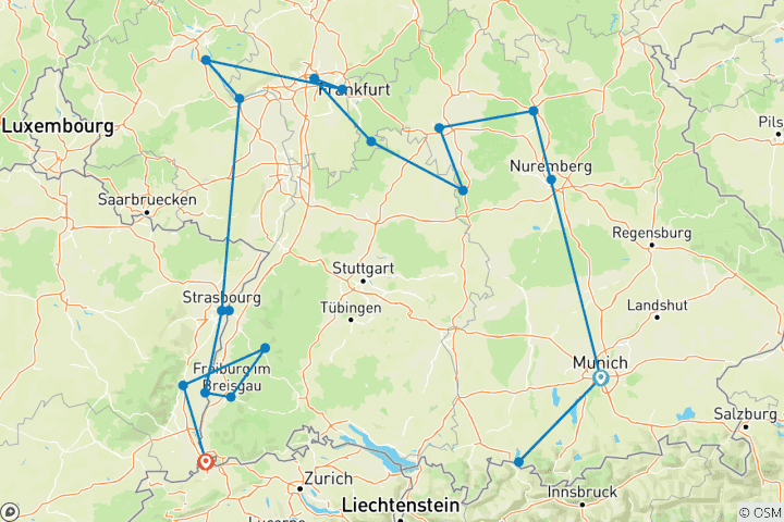 Carte du circuit La grandeur de l'Allemagne avec 2 nuits à Munich pour les amateurs de bière (vers l'ouest) 2027