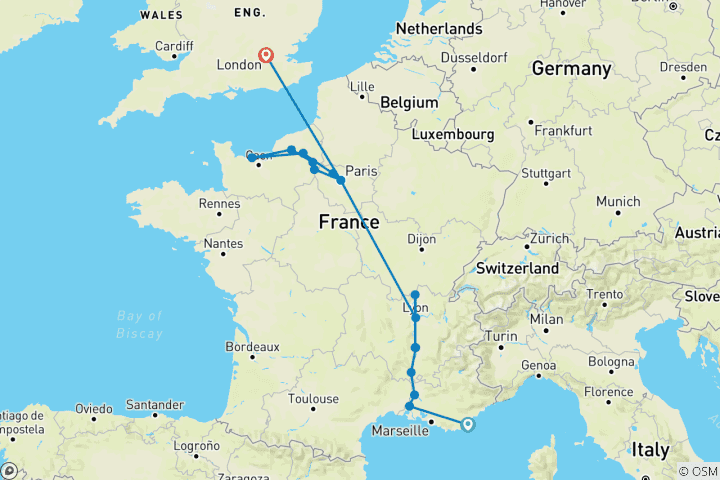 Mapa de Gran Francia con 2 noches en la Costa Azul y 3 noches en Londres (en dirección norte) 2027