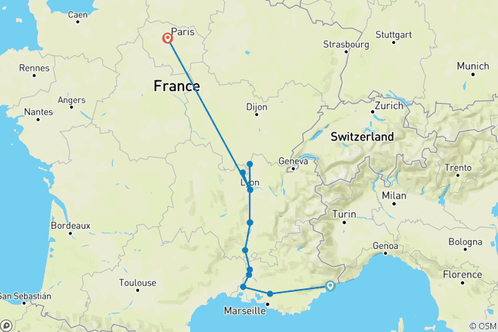 Karte von Burg & Provence mit 2 Nächten an der Côte d'Azur & 2 Nächten in Paris für Weinliebhaber Nordrichtung