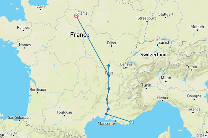 Kaart van Bourgogne & Provence met 2 nachten in Franse Rivièra & 2 nachten in Parijs voor wijnliefhebbers (in noordelijke richting) 2027
