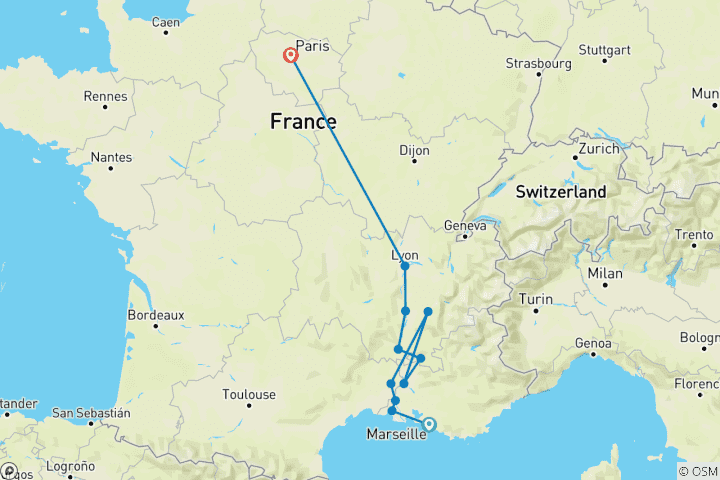 Karte von Aktiv & Entdeckungen auf der Rhône mit 2 Nächten in Paris (Nordrichtung)