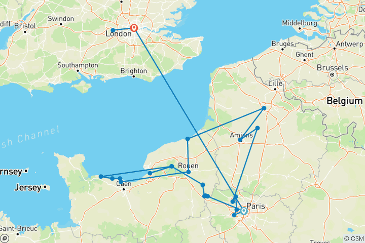 Carte du circuit Croisière commémorative et historique de la Seconde Guerre mondiale de Paris à la Normandie avec 3 nuits à Londres 2027