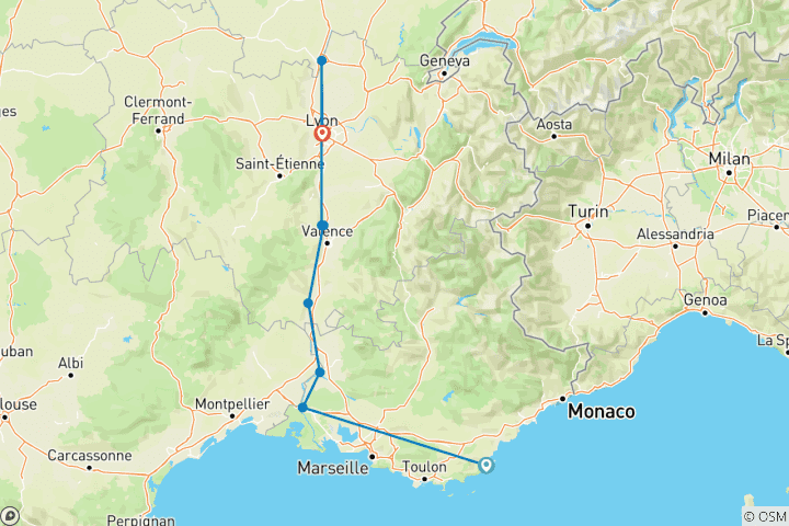 Carte du circuit Une expérience culinaire en Bourgogne et en Provence avec 2 nuits sur la Côte d'Azur (vers le nord) 2027
