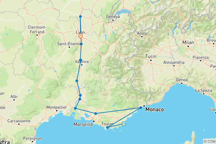 Mapa de Borgoña y Provenza con 2 noches en la Costa Azul para los amantes del Jazz (en dirección norte) 2027