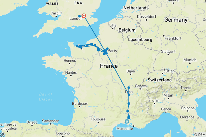Carte du circuit Une expérience culinaire dans la Grande France avec 3 nuits à Londres (vers le nord) 2027
