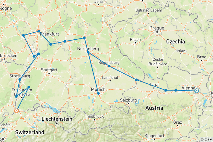 Kaart van Kersttijd van Wenen naar Bazel 2026