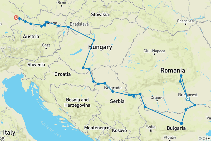 Karte von Die Donau von Rumänien nach Deutschland mit 1 Nacht in Bukarest & 2 Nächten in Siebenbürgen