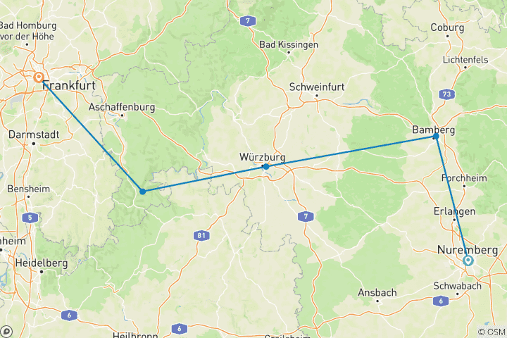 Carte du circuit Noël au cœur de l'Allemagne 2027 (from Nuremberg to Francfort-sur-le-Main)