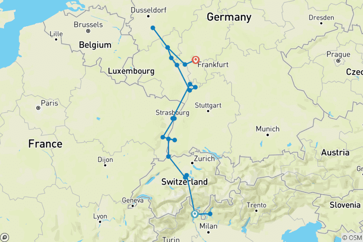 Kaart van Kersttijd aan de romantische Rijn met 3 nachten in het Comomeer, 1 nacht in Luzern met Zwitserse Alpen (in noordelijke richting)