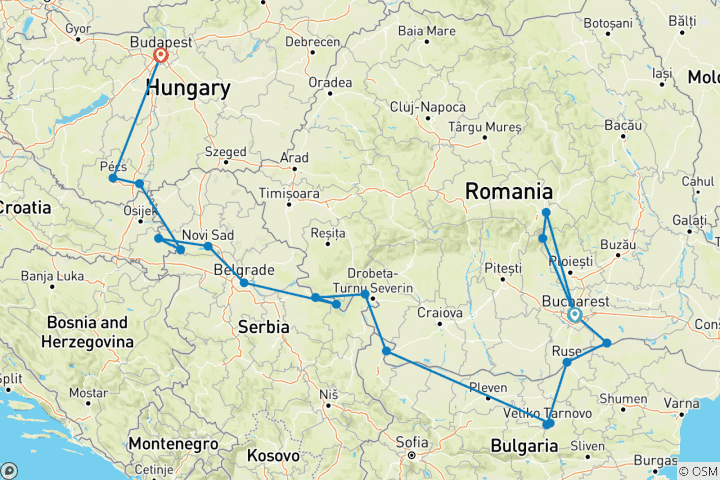 Kaart van De Donau van Roemenië naar Boedapest met 1 nacht in Boekarest en 2 nachten in Transsylvanië 2027