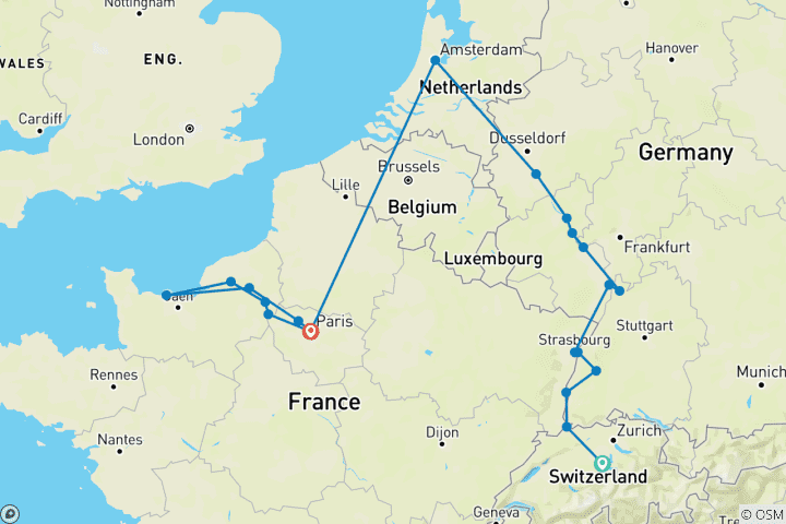 Kaart van Tijdloze rivieren van Europa: de Rijn en de Seine – Herdenkings- en geschiedeniscruise over de Tweede Wereldoorlog met 2 overnachtingen in Luzern 2027
