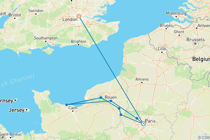 Mapa de De París a Normandía con 3 noches en Londres 2027
