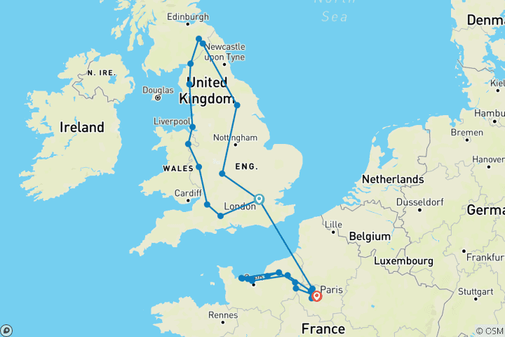 Carte du circuit Sampler Grande-Bretagne avec Paris à la Normandie 2027