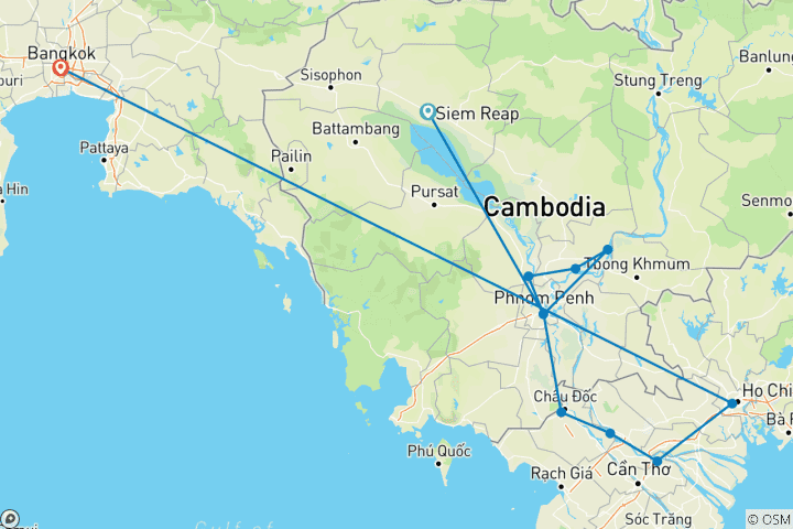Kaart van Fascinerend Vietnam, Cambodja & de Mekong rivier met Bangkok (Southbound) 2027