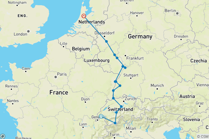Mapa de Esplendor suizo en tren con crucero romántico por el Rin 2027