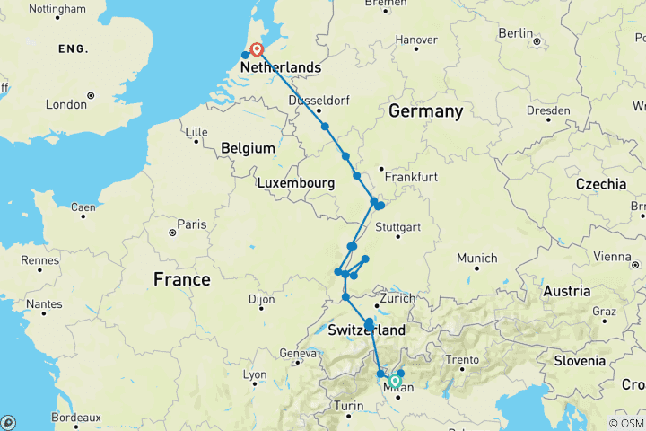 Map of Romantic Rhine with Swiss Alps, 3 Nights in Lake Como & 1 Night in Lucerne (Northbound) 2027